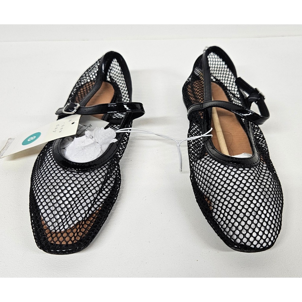 A New Day Women Black Mesh Mary Jane Flats Square Toe Buckle Strap Size 8 NEW